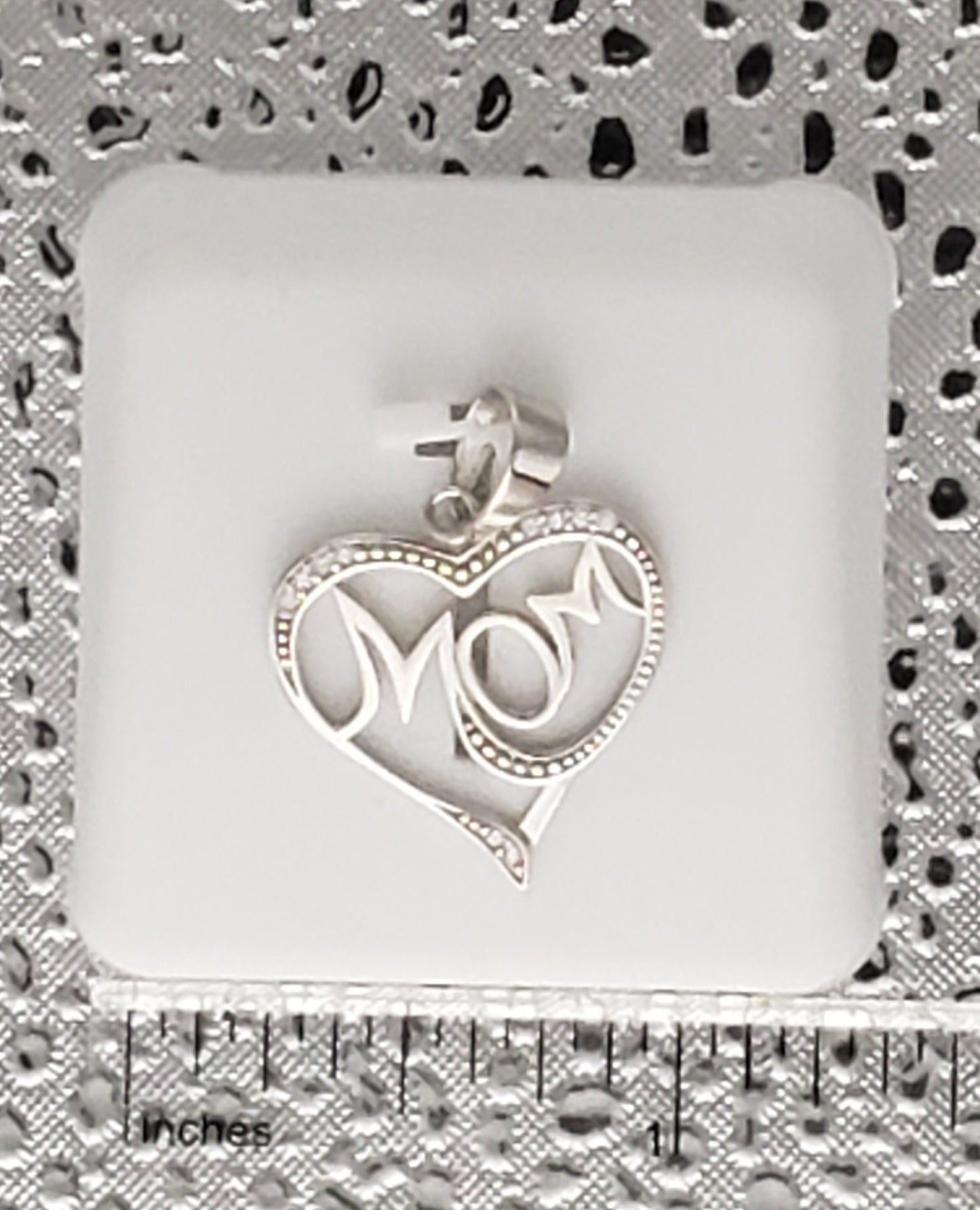 "Mom" in Heart - 925 Sterling Silver Charm with CZ