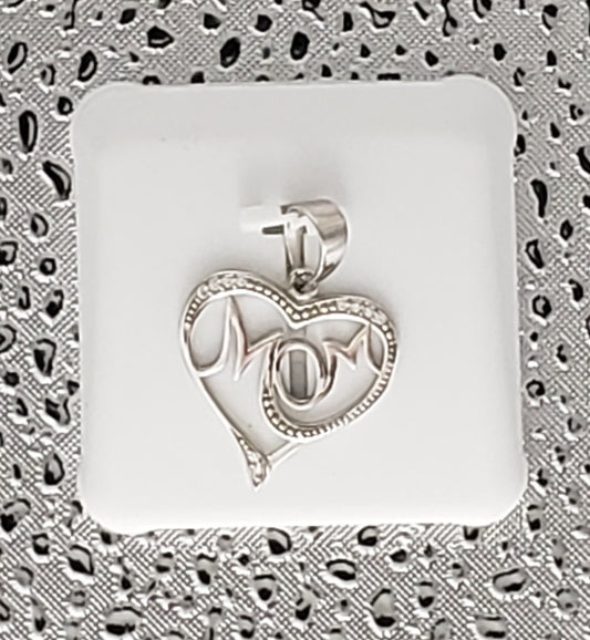 "Mom" in Heart - 925 Sterling Silver Charm with CZ