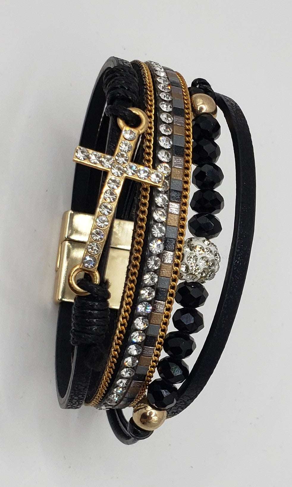 Black Leather Bead Cross Bracelet with Magnetic Clasp