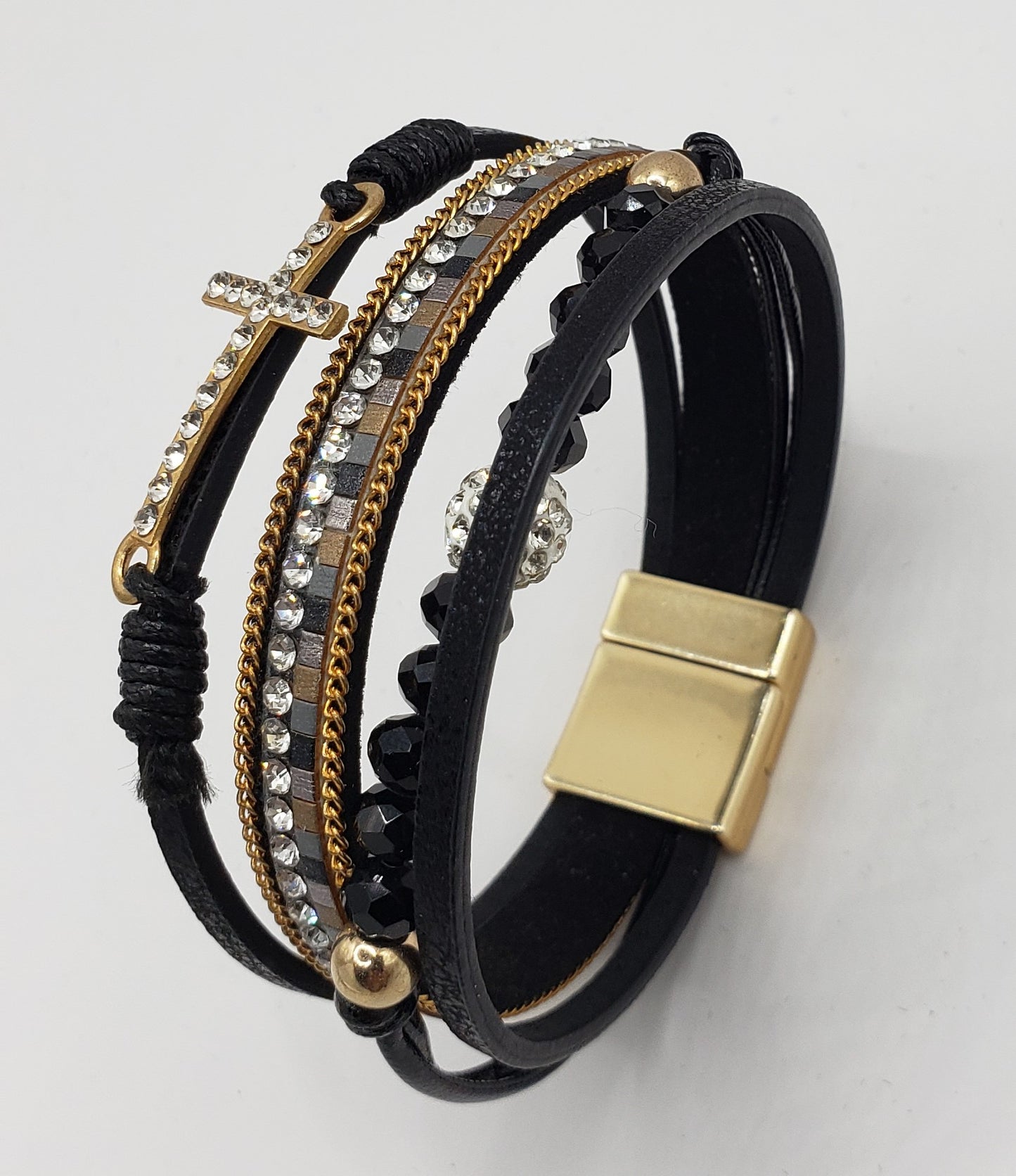 Black Leather Bead Cross Bracelet with Magnetic Clasp