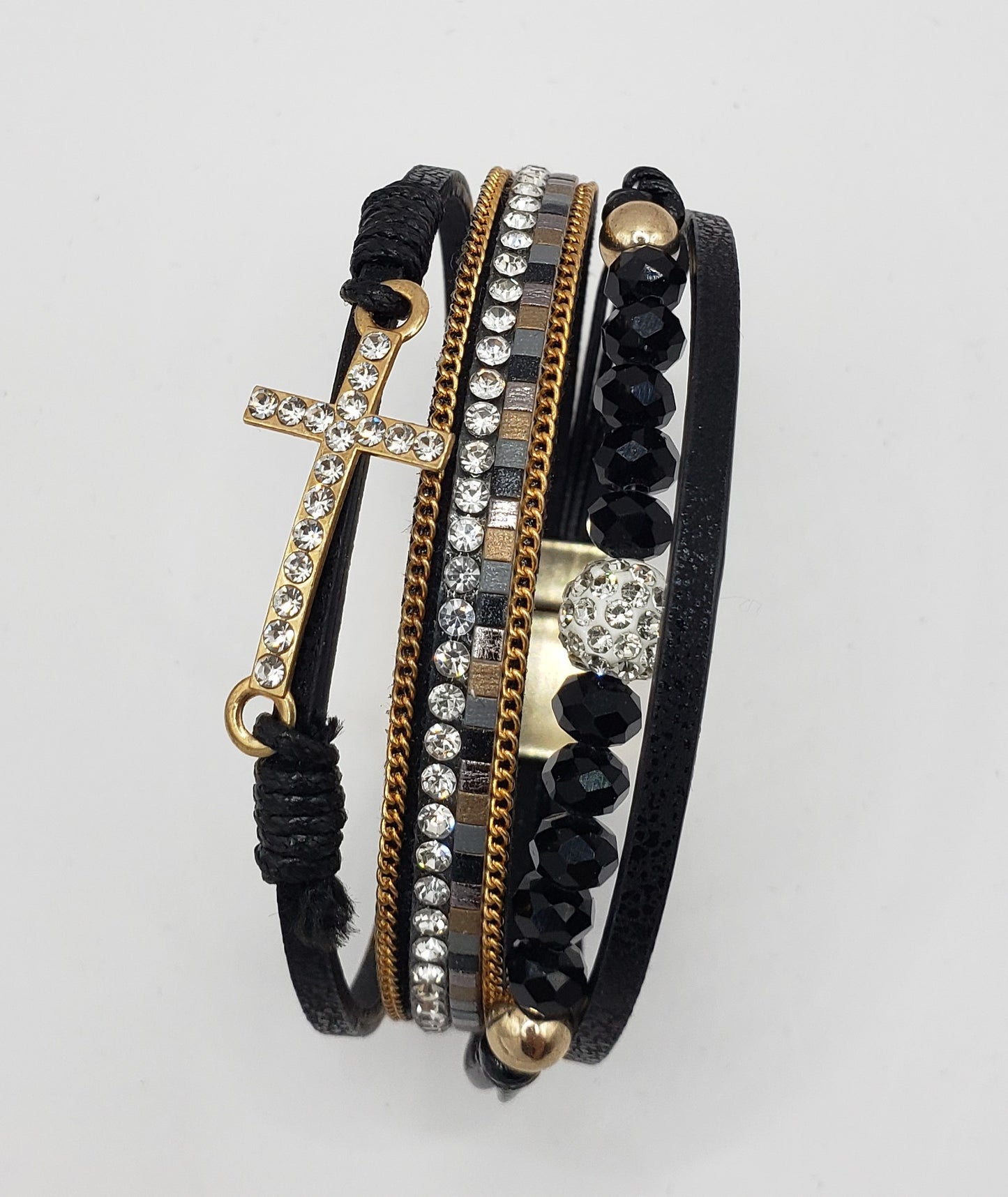 Black Leather Bead Cross Bracelet with Magnetic Clasp